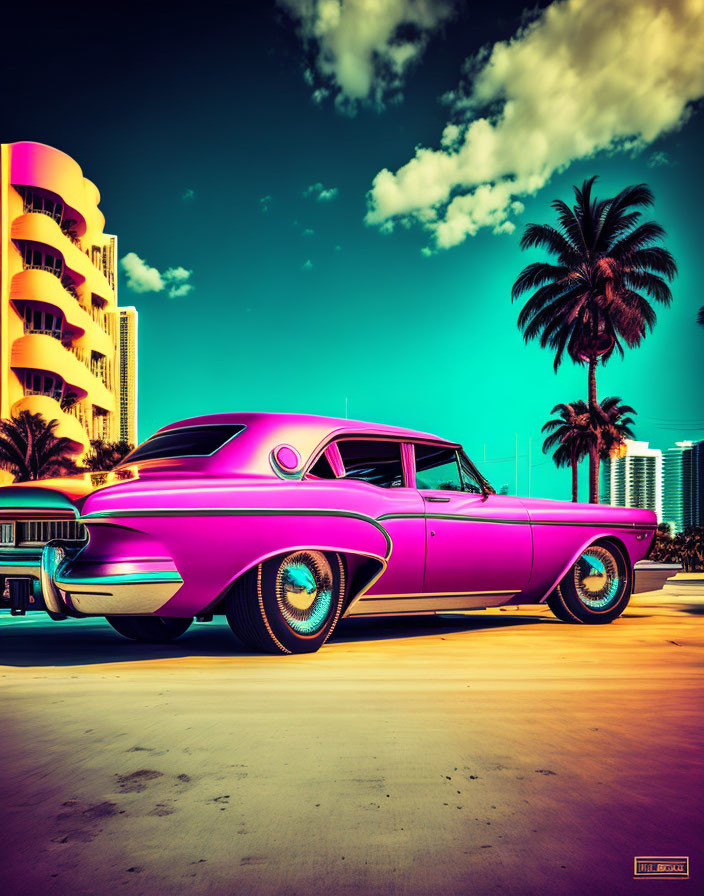 Colorful Retro Image: Pink Classic Car on Sunny Street