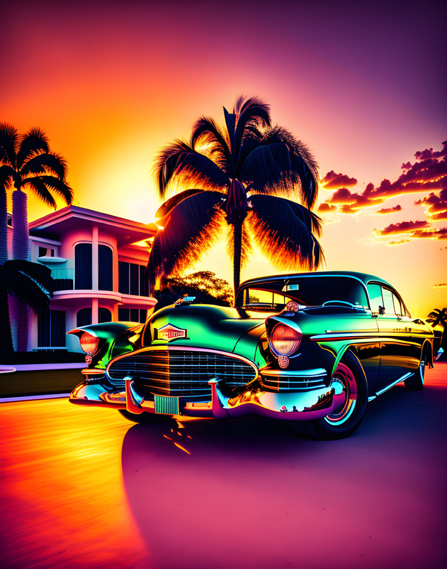 Vintage car parked by palm trees and house under colorful sunset sky