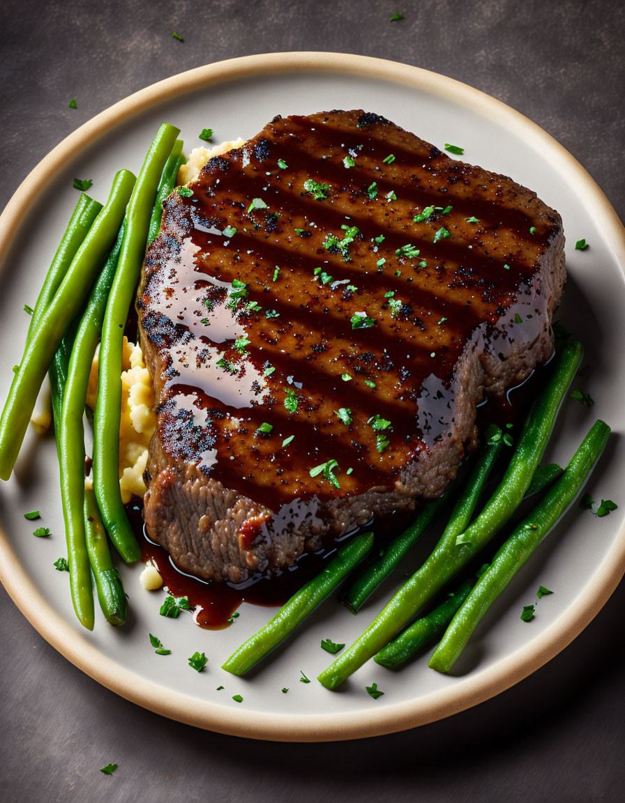 Grilled Steak with Sear Marks on Beige Plate