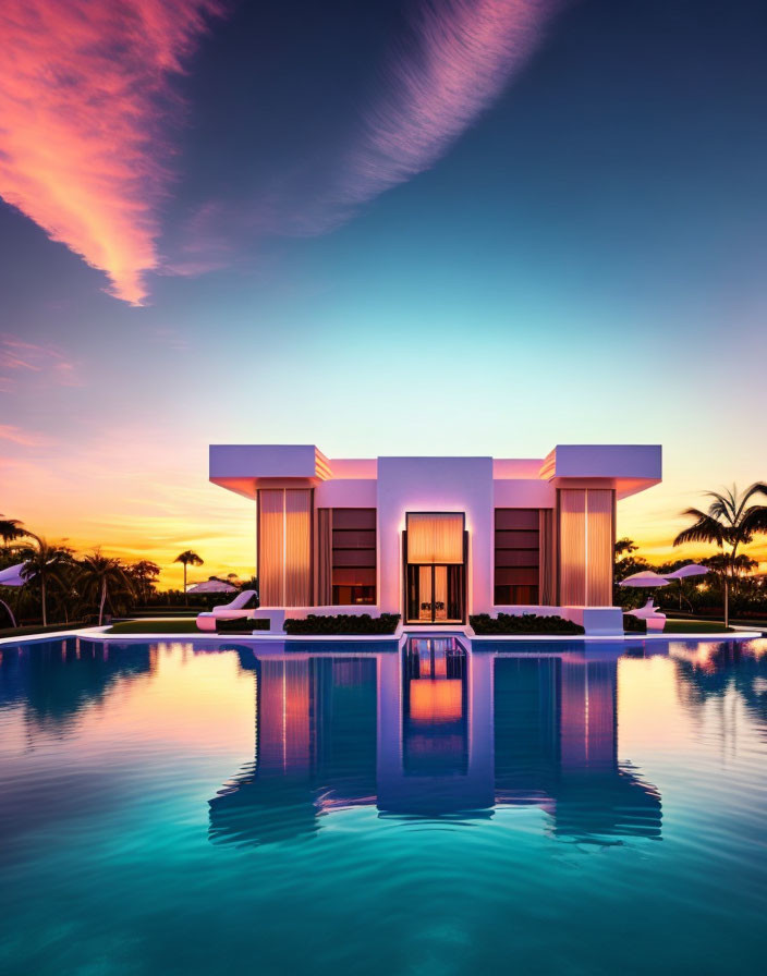 Symmetrical modern villa reflecting in tranquil pool at twilight