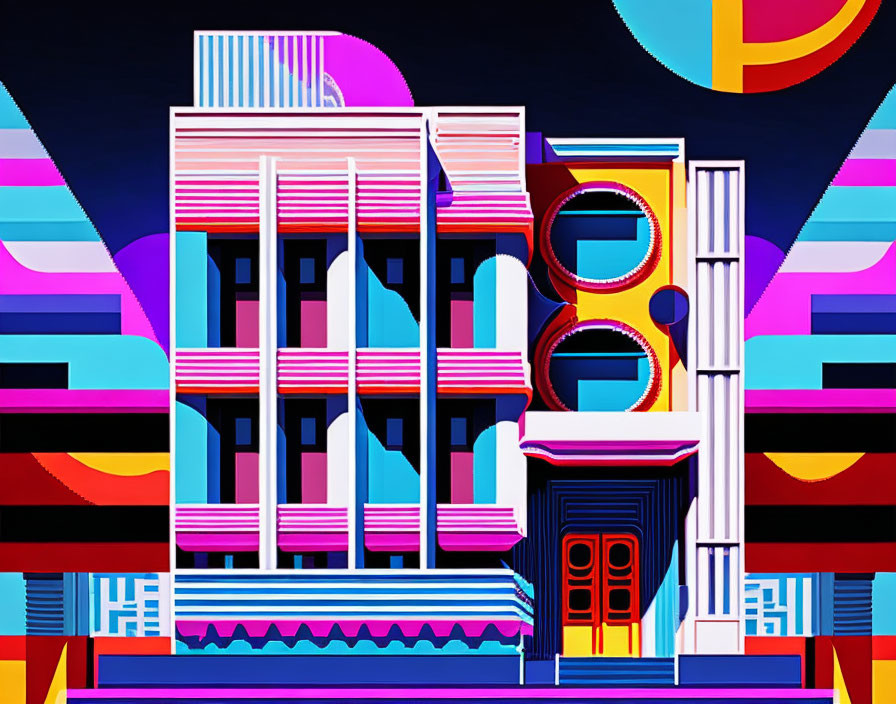 Colorful digital artwork of modern building with geometric patterns and abstract shapes