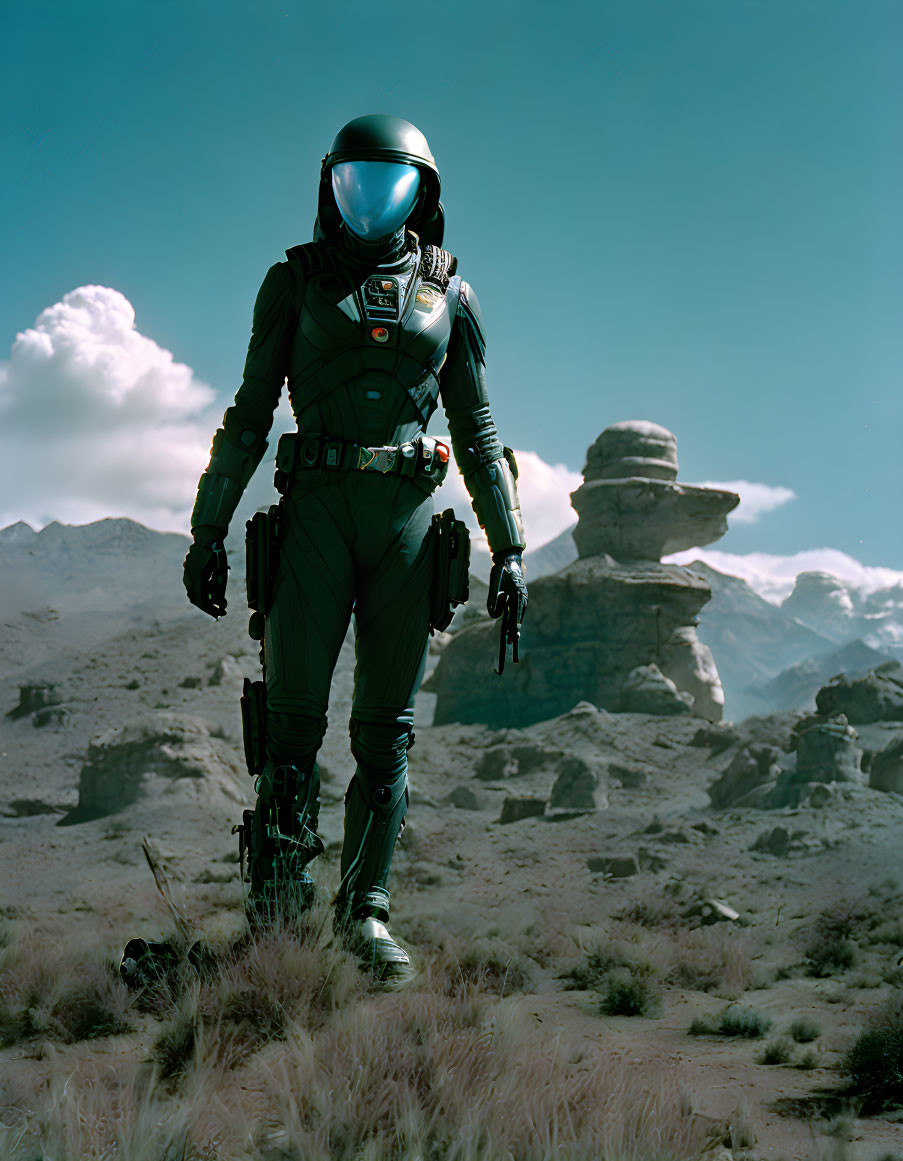 Futuristic astronaut in sleek suit on rocky terrain under cloudy blue sky