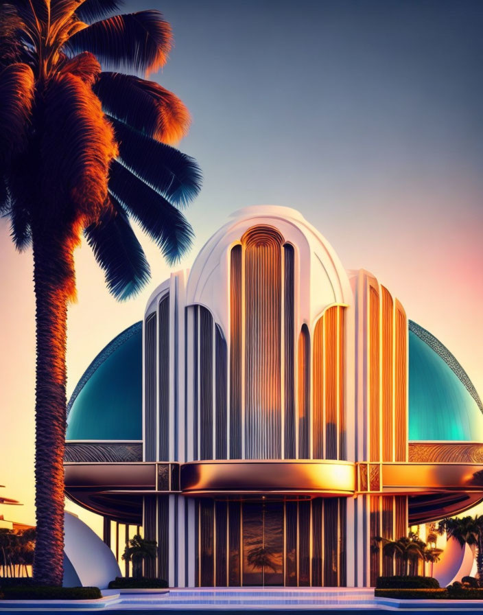 Curved Art Deco building with palm trees at sunset.