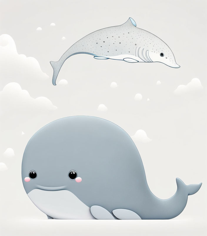 Smiling blue whale with pink cheeks and leaping whale in clouds