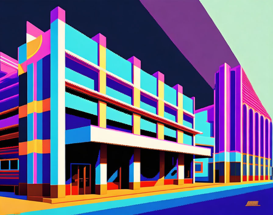 Colorful Stylized Cityscape Art with Retro-futuristic Buildings