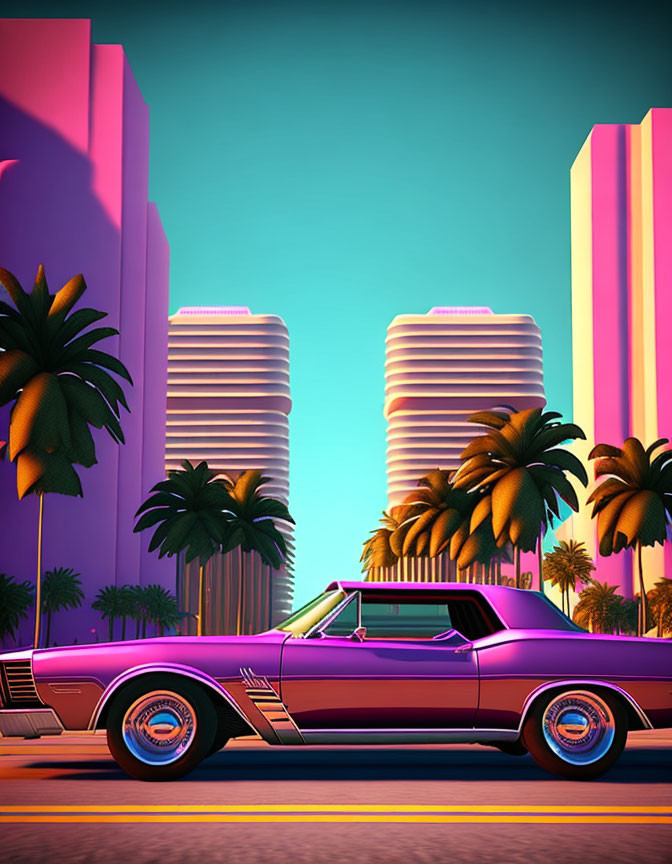 Retro-style image: Classic car, pastel high-rises, palm trees, sunset sky