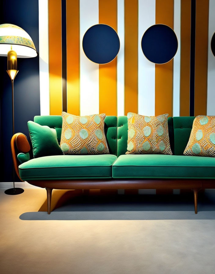 Colorful Room with Green Velvet Sofa, Patterned Cushions, Striped Walls, Mirrors,