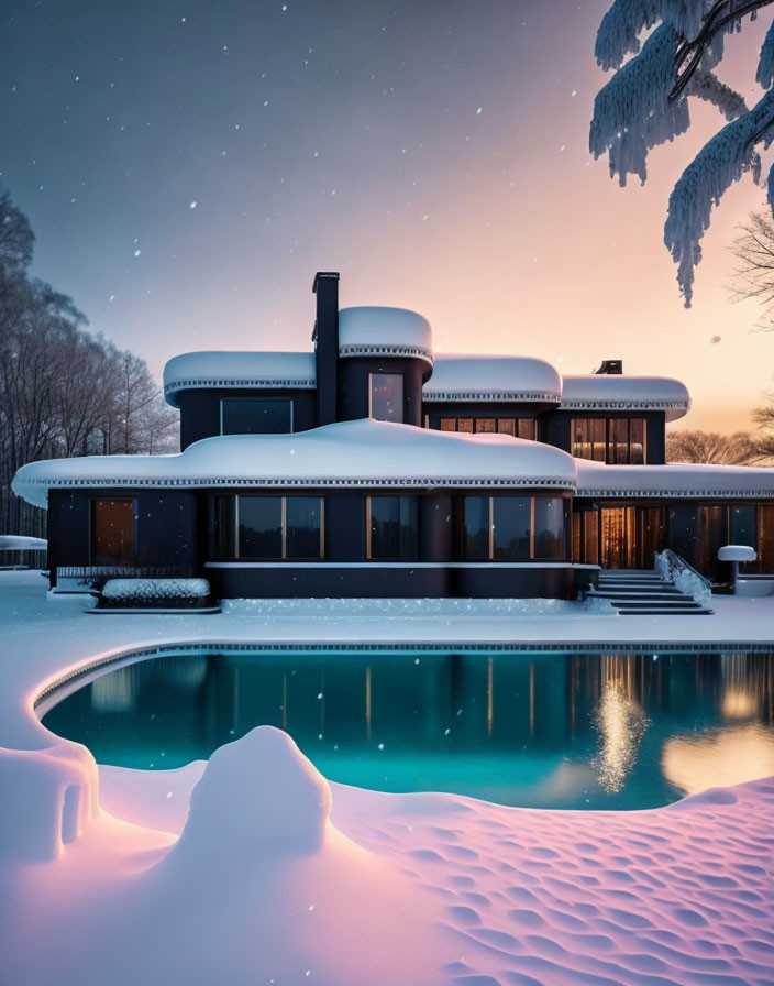 Cylindrical House with Snow-Covered Roofs and Frozen Pool at Twilight