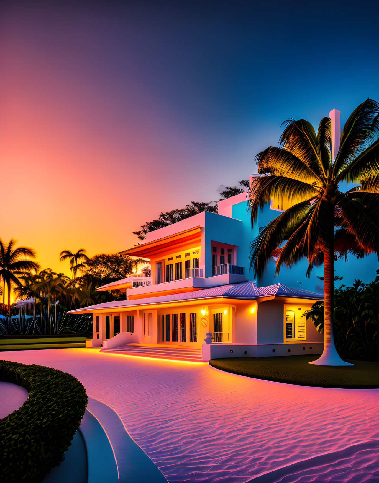 Spacious two-story house at twilight with colorful sky, palm trees, and manicured lawn