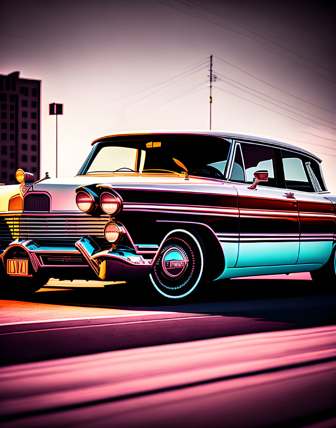 Colorful Retro Illustration of Exaggerated Classic Car at Urban Sunset