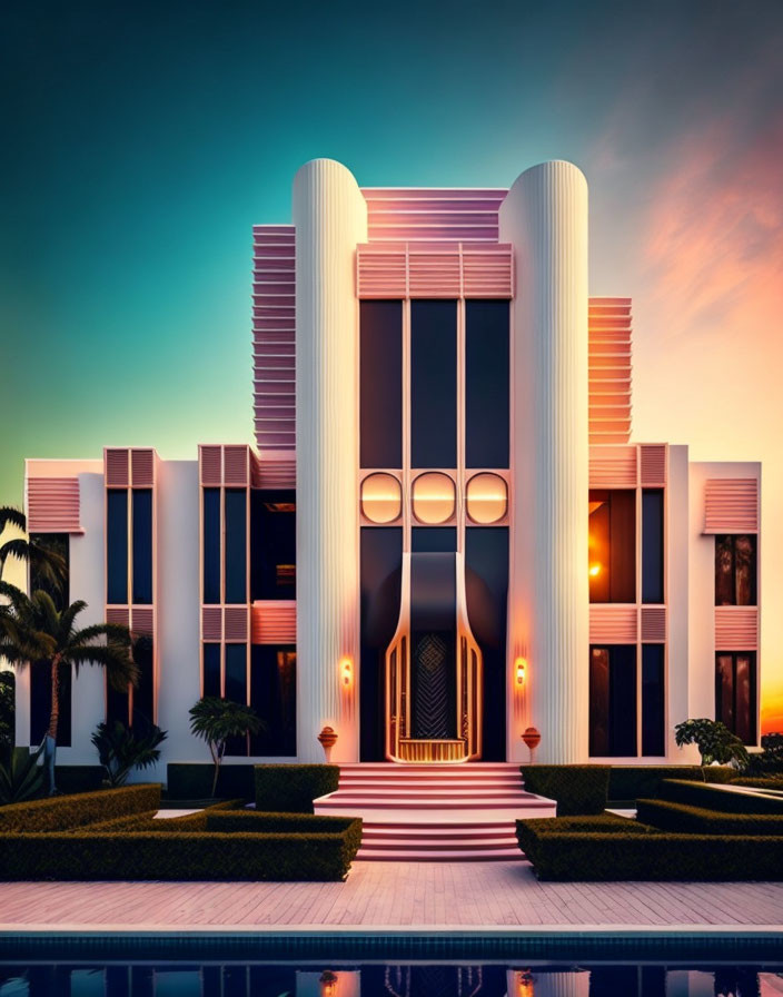 Symmetrical Art Deco Building with Pastel Colors and Pool at Sunset