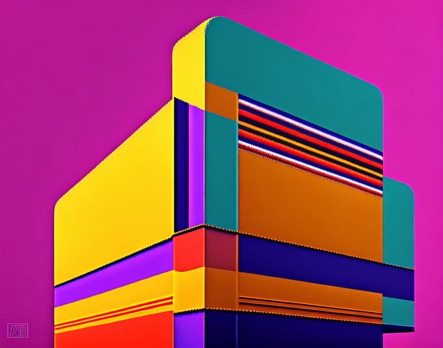 Colorful geometric digital art with layered depth and striped pattern on pink background