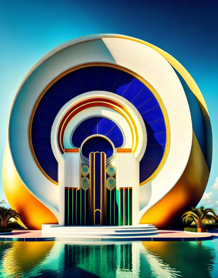 Colorful Art Deco Building with Arches by Reflective Pool