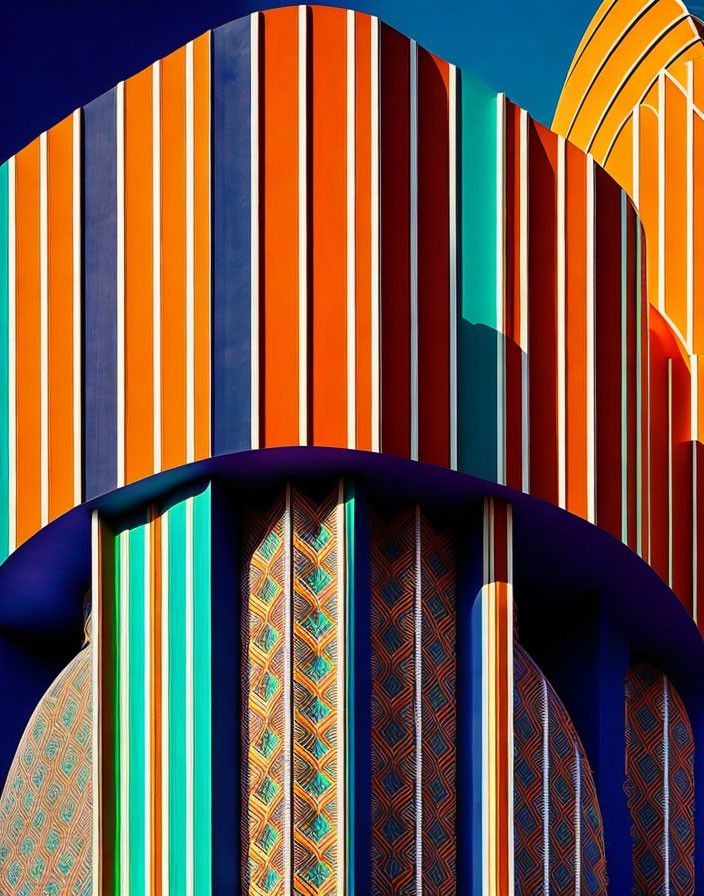 Colorful Striped Architecture and Curved Shapes on Blue Sky