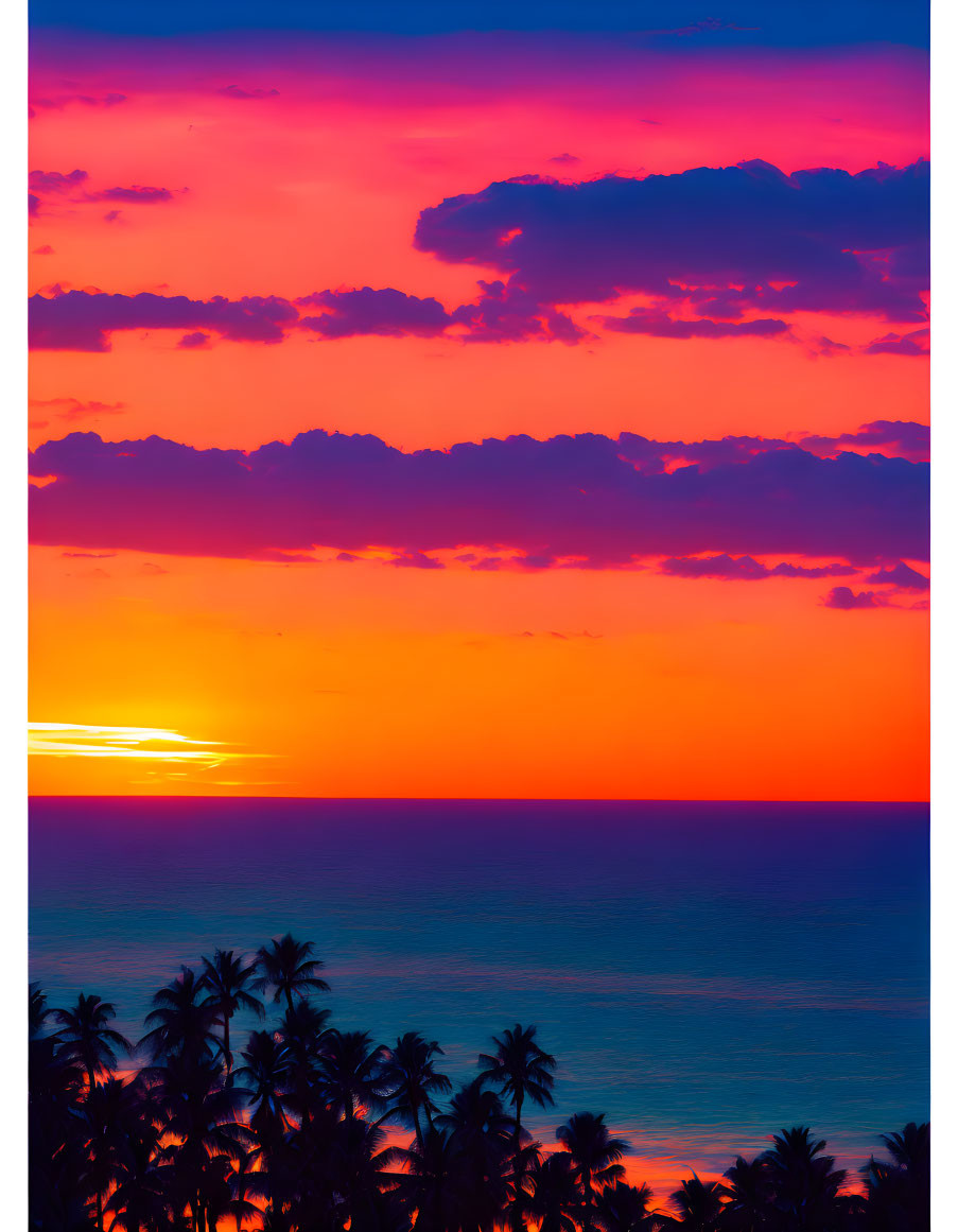 Colorful Ocean Sunset with Silhouetted Palm Trees