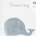 Smiling blue whale with pink cheeks and leaping whale in clouds