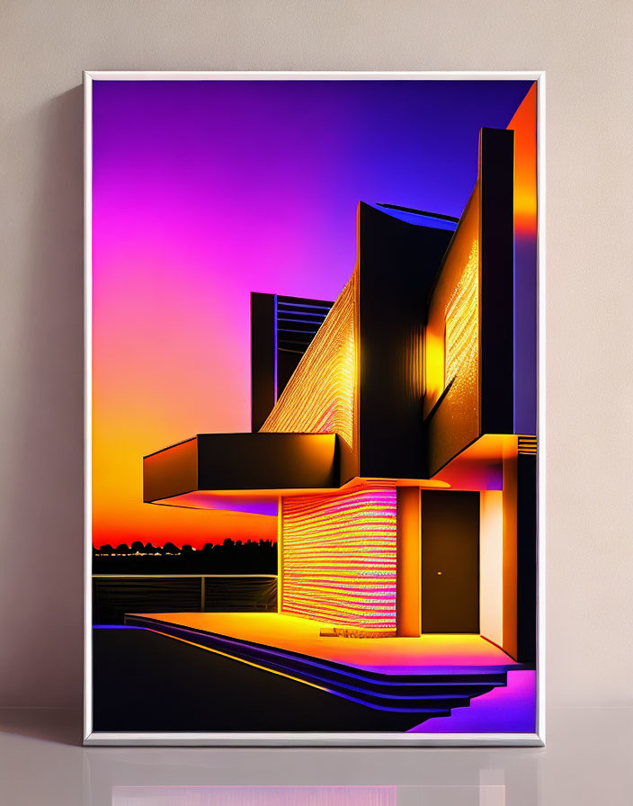 Modern geometric building art with vibrant purple and orange sunset colors.