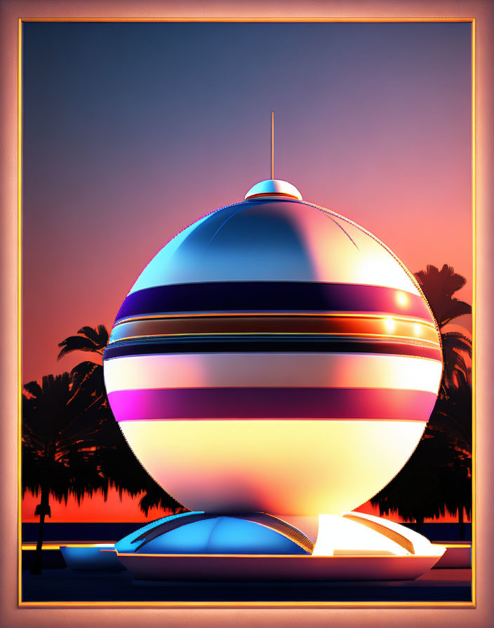 Futuristic spherical building with metallic bands in tropical sunset