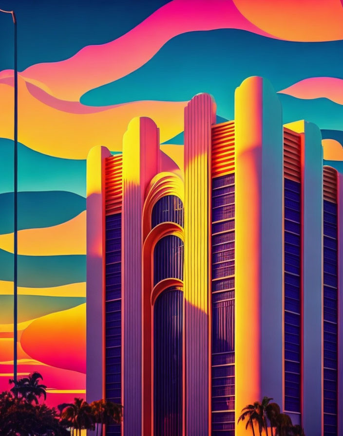 Colorful Art Deco Architecture Silhouetted Against Neon Sunset