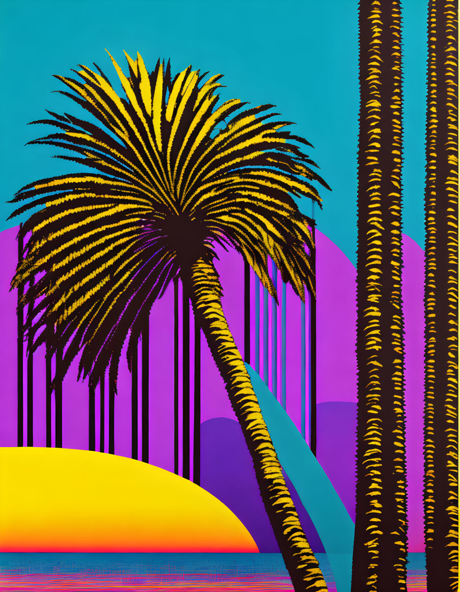 Colorful graphic artwork: stylized palm tree, pink and purple mountains, teal sky, yellow sun