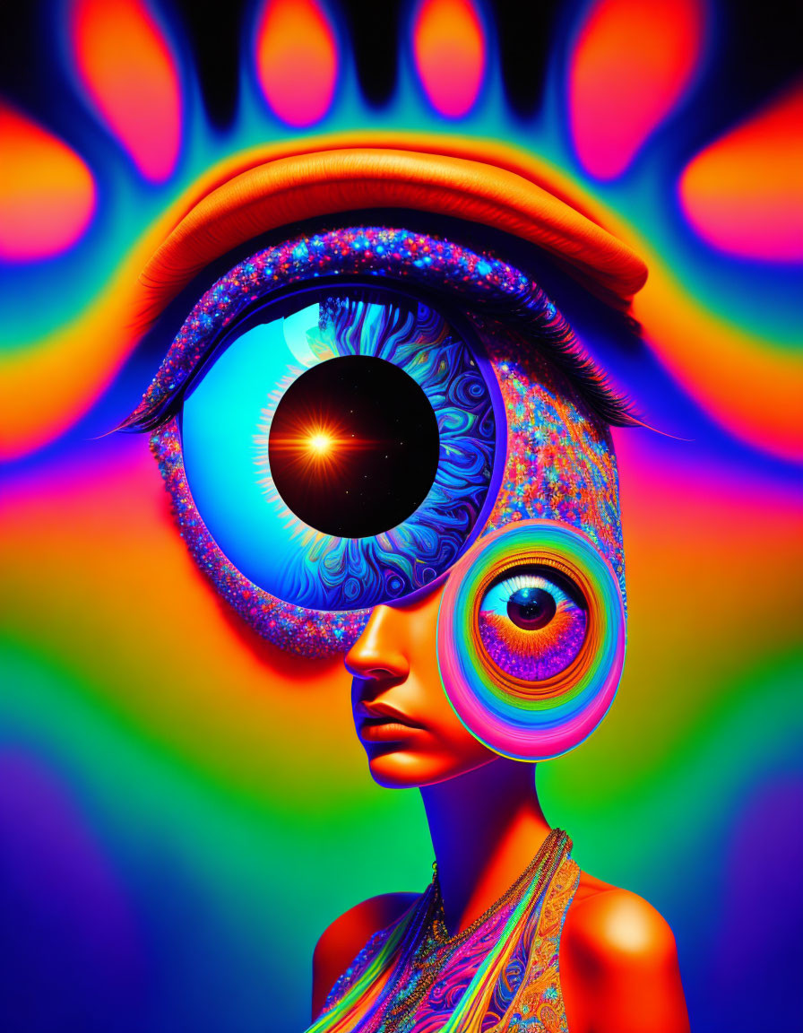 Colorful Psychedelic Art: Female Figure with Hyper-Detailed Eye and Abstract Patterns