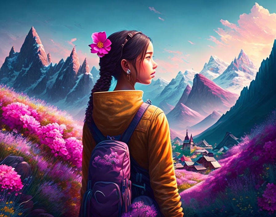 Woman with braid and flower admires vibrant landscape with pink blossoms and sharp mountains.