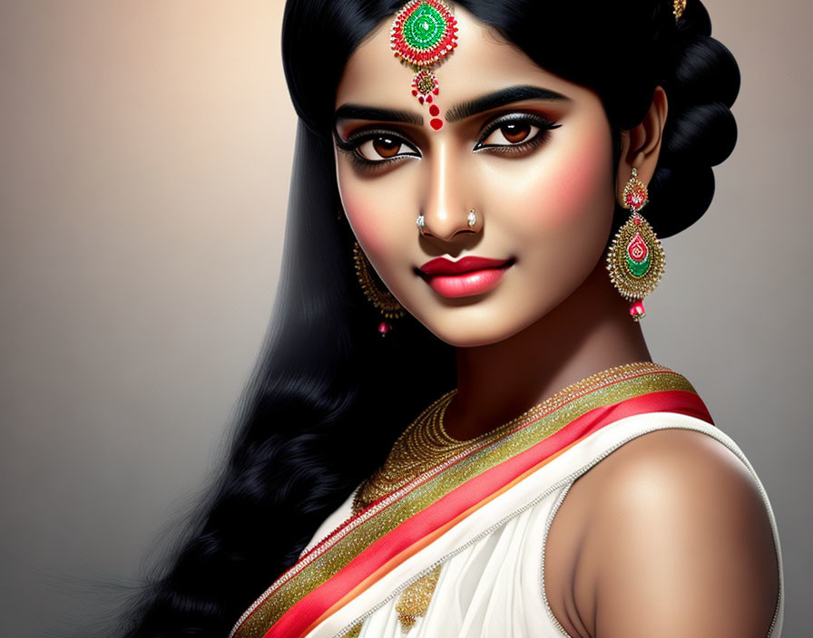 Detailed Indian woman illustration in traditional attire and jewelry