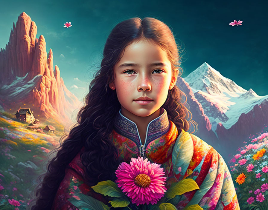 Young Girl with Long Wavy Hair Holding Pink Flower in Alpine Scenery