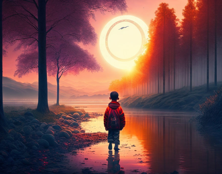 Child with red backpack gazes at surreal oversized sun by tranquil river