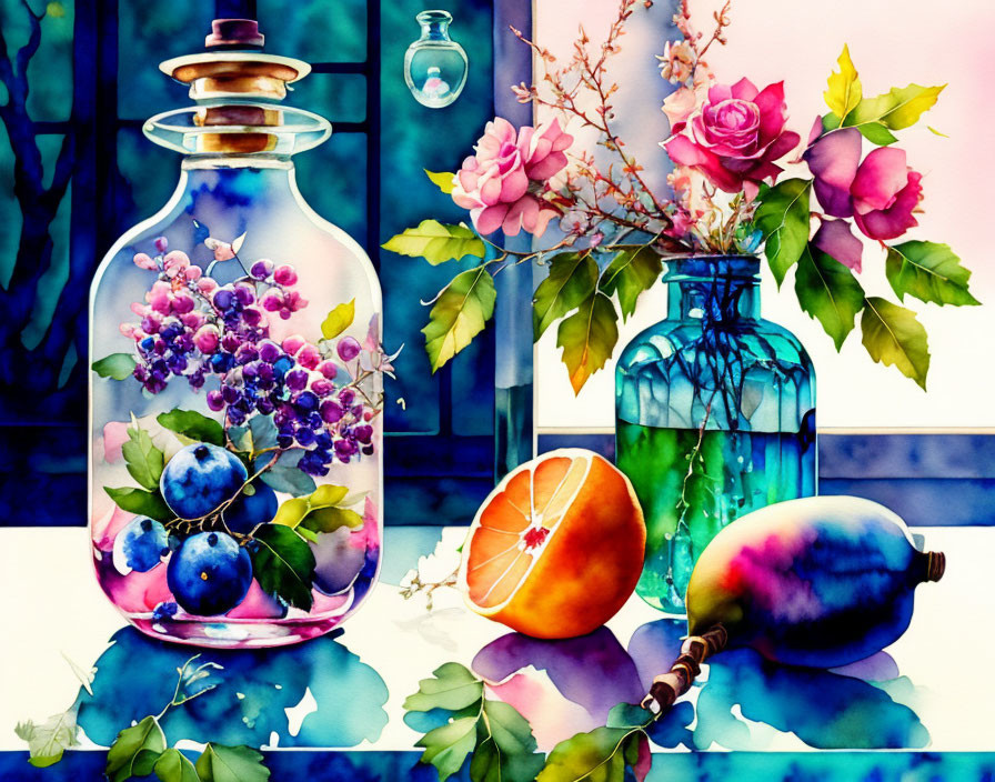 Colorful Still Life Painting with Berries, Roses, Glass Jar, and Fruit