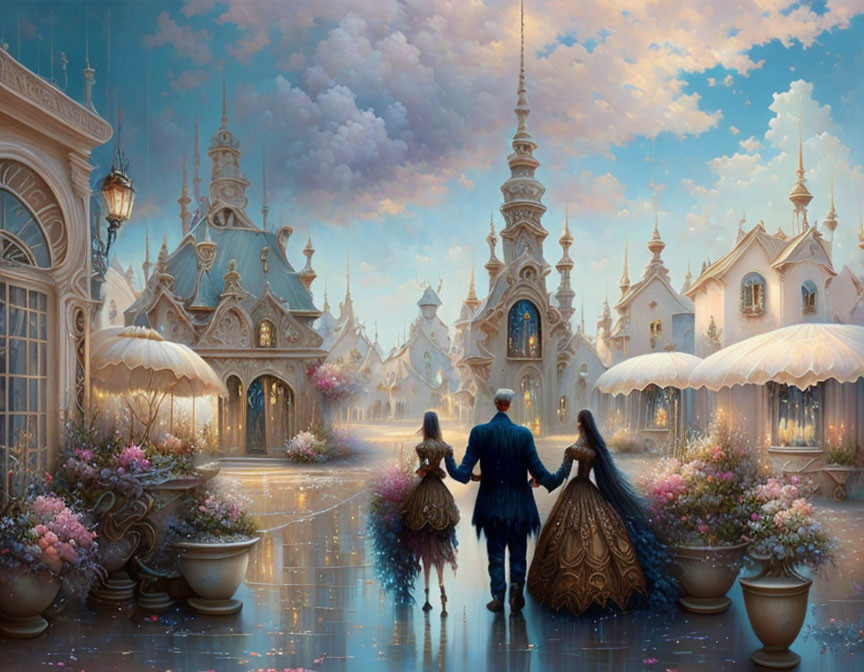 Couple walking to fairy-tale castle in twilight scene