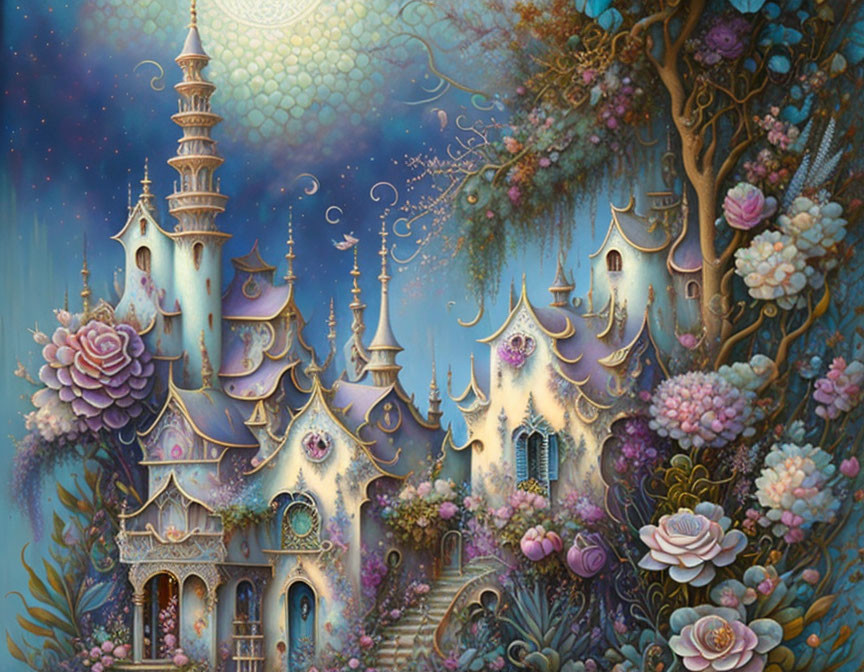 Fantastical castle with ornate towers in blooming nature landscape