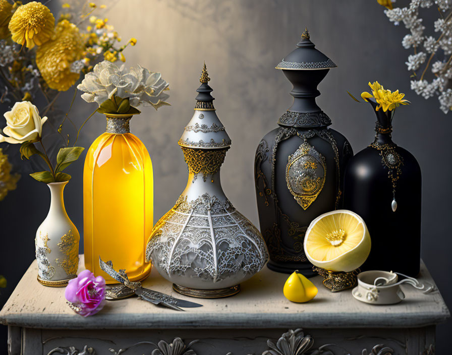 Vibrant yellow flowers and sliced lemon in elegant still life.