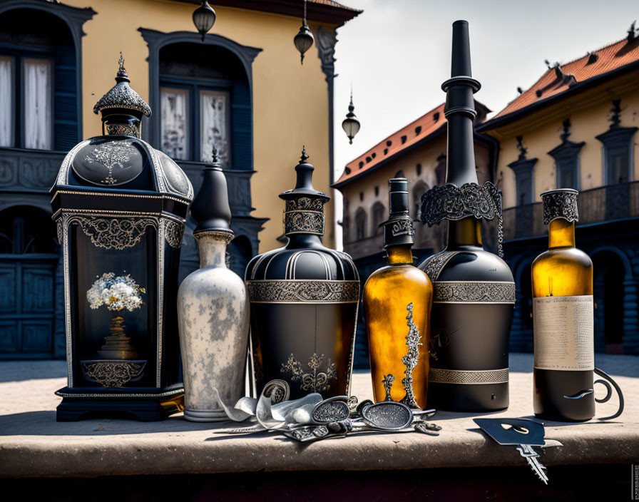 Vintage Black and Amber Bottles with Silverware and Ornate Key Against European Building Facade