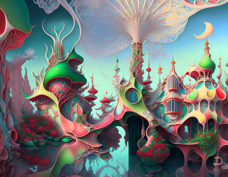 Surreal landscape with organic structures and coral-like trees