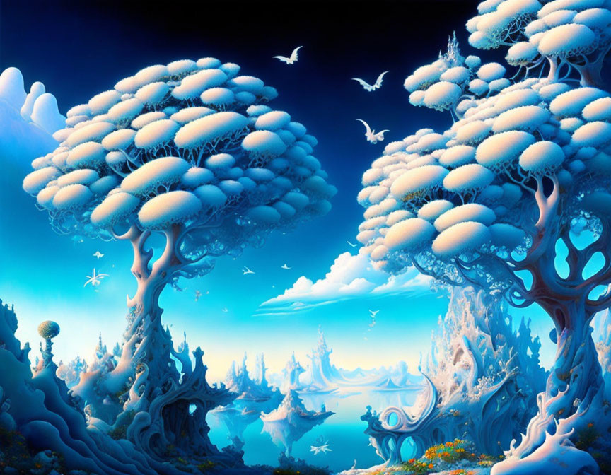 Fantasy Landscape with Mushroom Trees and Flying Birds