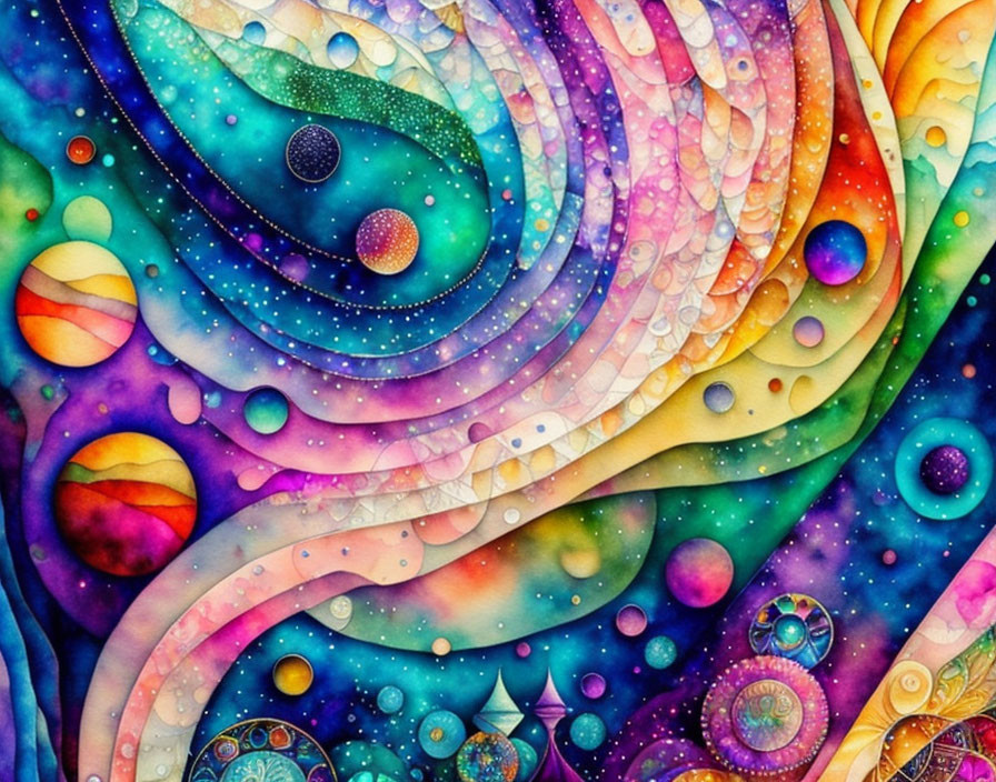 Colorful Watercolor Painting of Swirling Patterns and Celestial Orbs