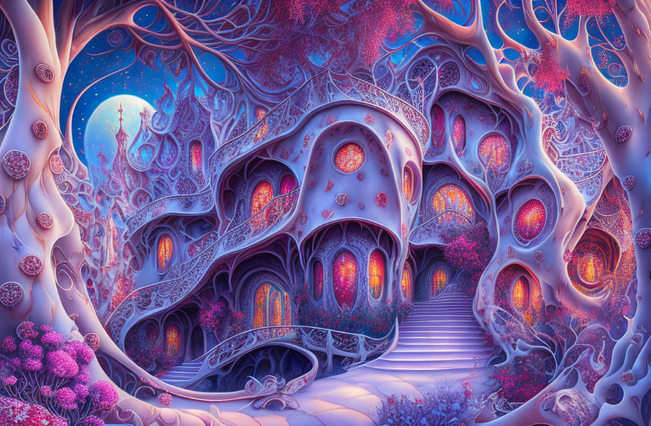 Illustration of magical treehouse in violet forest under starry sky