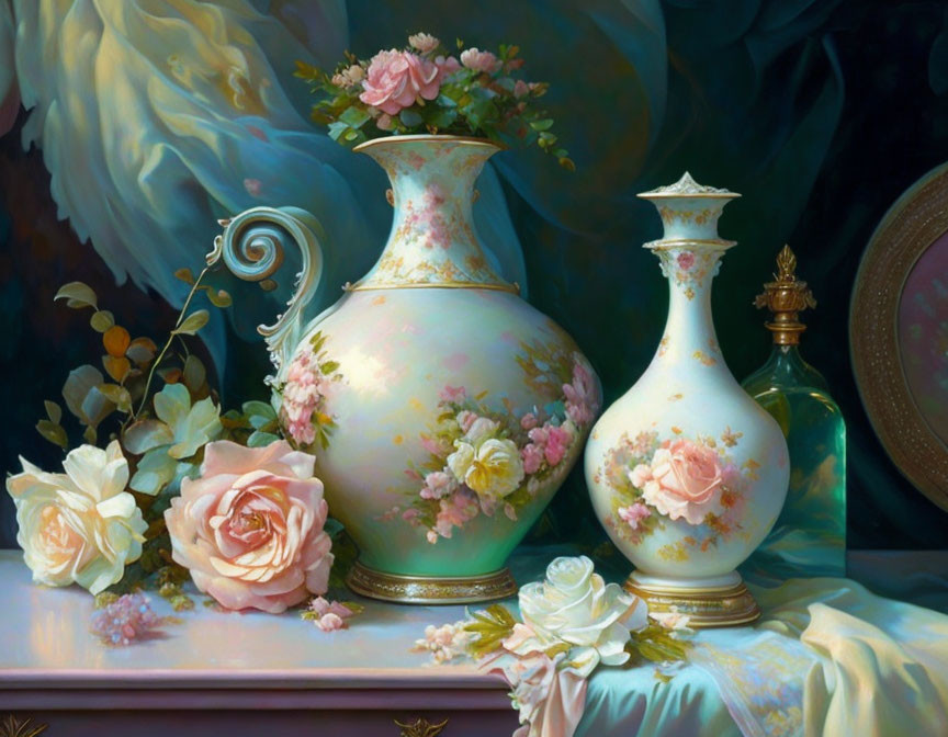 Porcelain vases with floral patterns and roses on a table - Classical Elegance