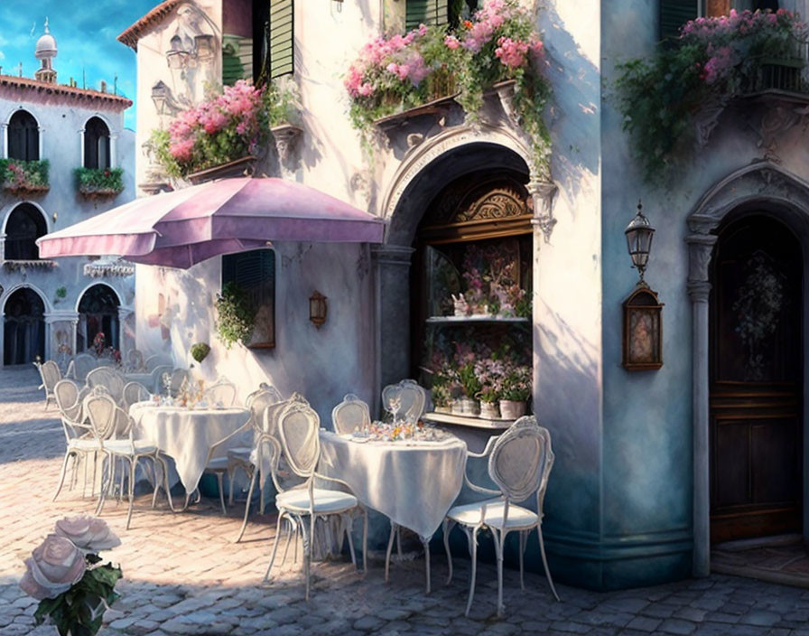 Scenic street cafe with white tables, blooming flowers, and vintage lanterns