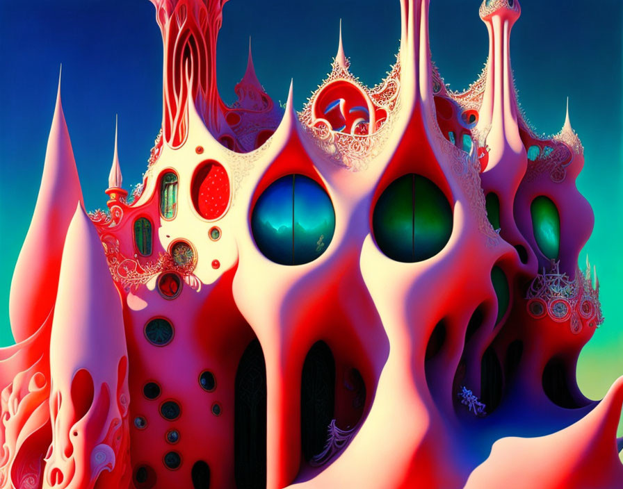 Vibrant surreal image of organic structures with round windows and red patterns