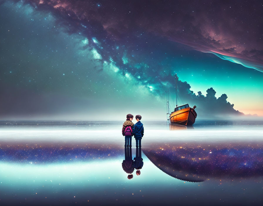 Couple holding hands by boat under cosmic sky