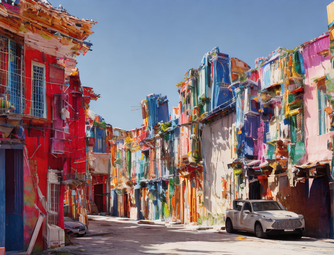 Colorful urban street scene with vibrant buildings and a parked car under blue sky