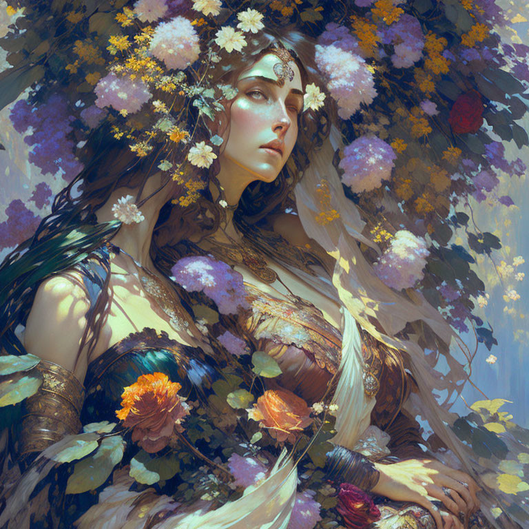 Ethereal woman with vibrant flowers in dreamy floral backdrop