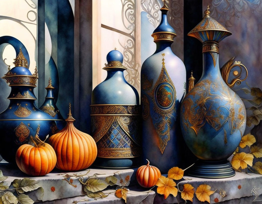 Ornate Blue and Gold Vases with Pumpkins and Autumn Leaves