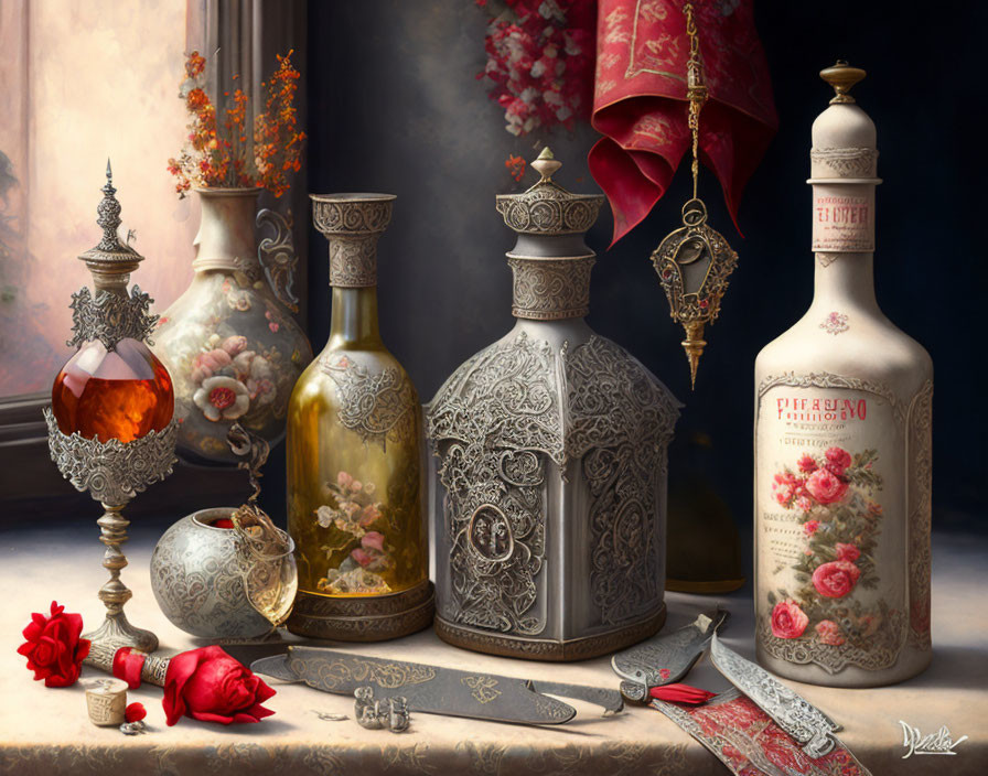 Ornate bottles, silver cup, rose, wax seals, knife & red curtain in still life