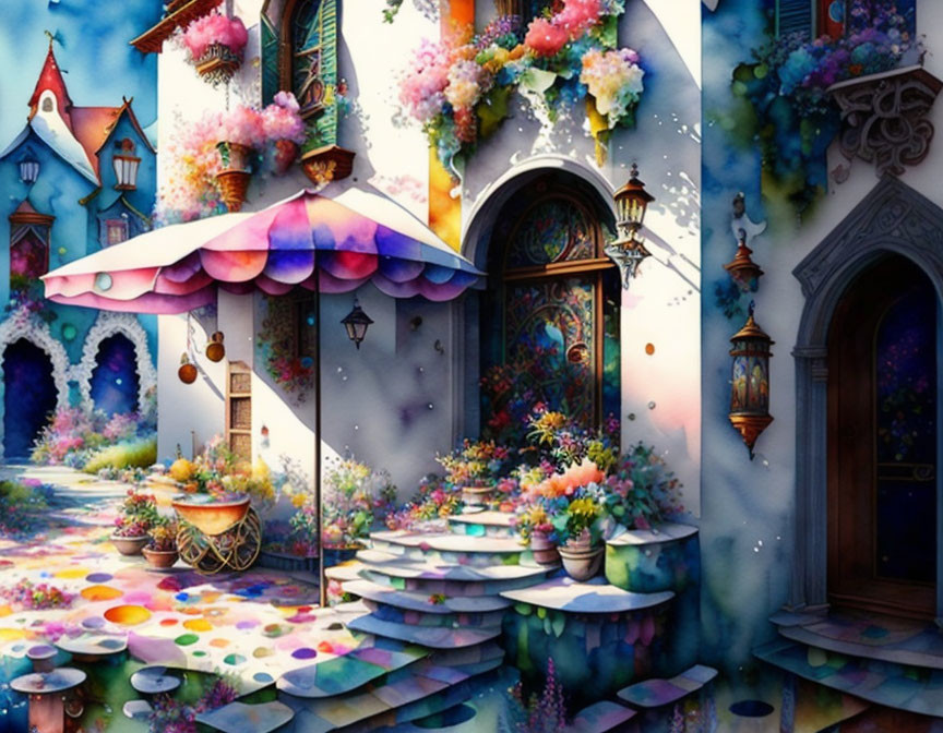 Colorful illustration of whimsical street with flower-covered buildings, patterned staircase, and cart with bloss