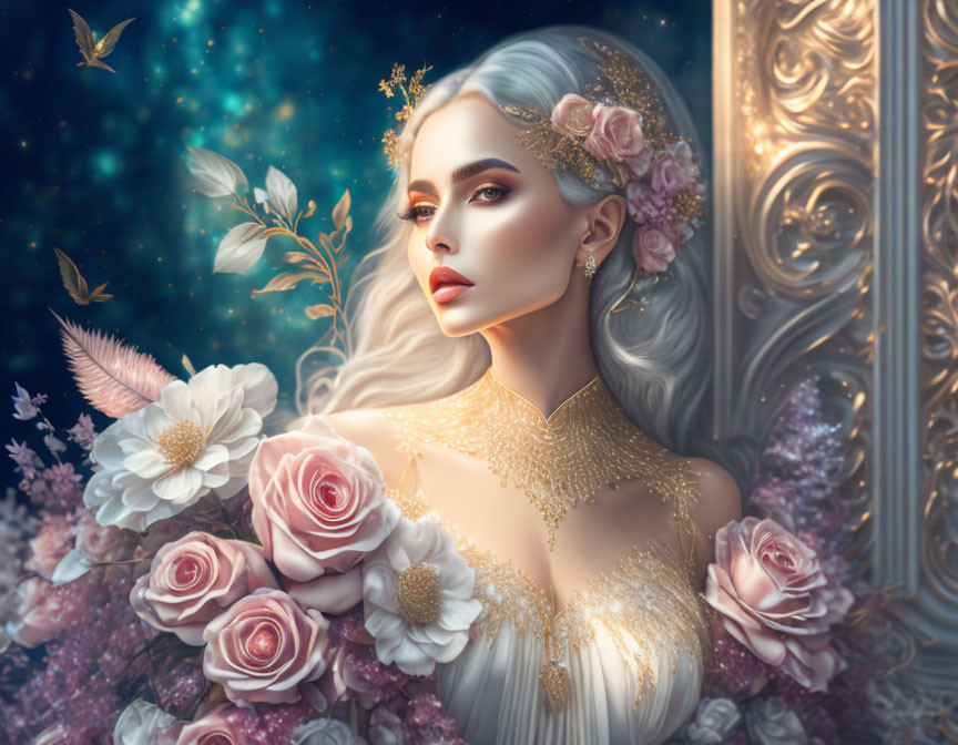 Illustrated woman with white hair and gold crown among pink flowers on starry background