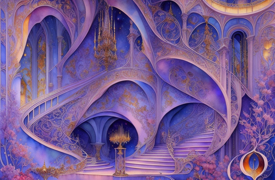 Fantastical Interior with Violet Staircases and Golden Chandeliers