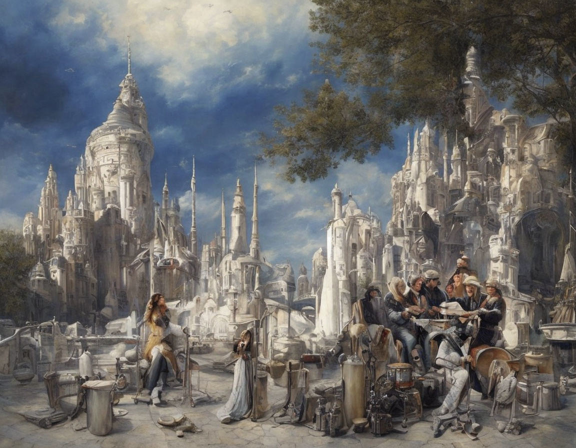 Fantasy painting of group in historical attire near castle